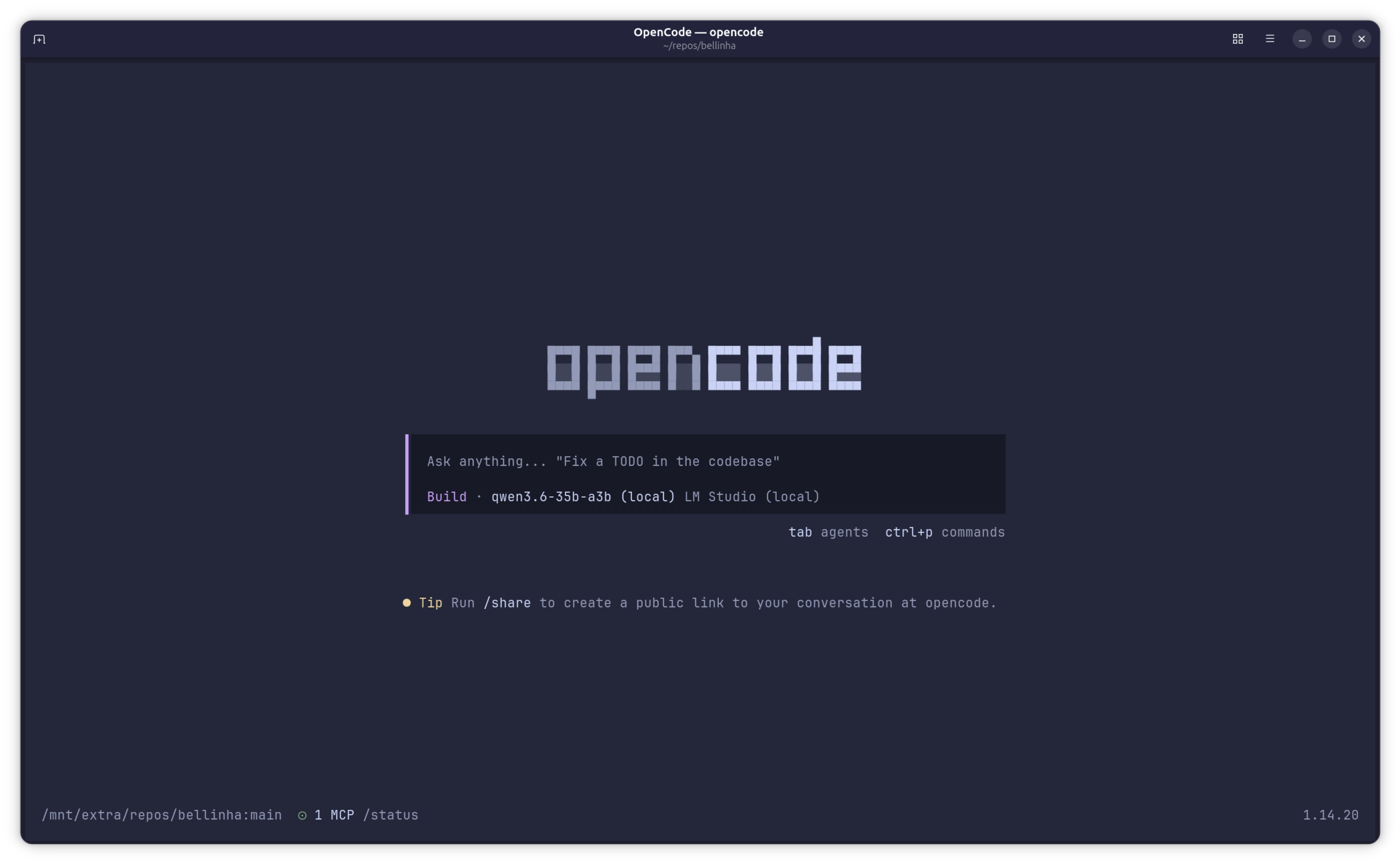 OpenCode initial screen open in the terminal