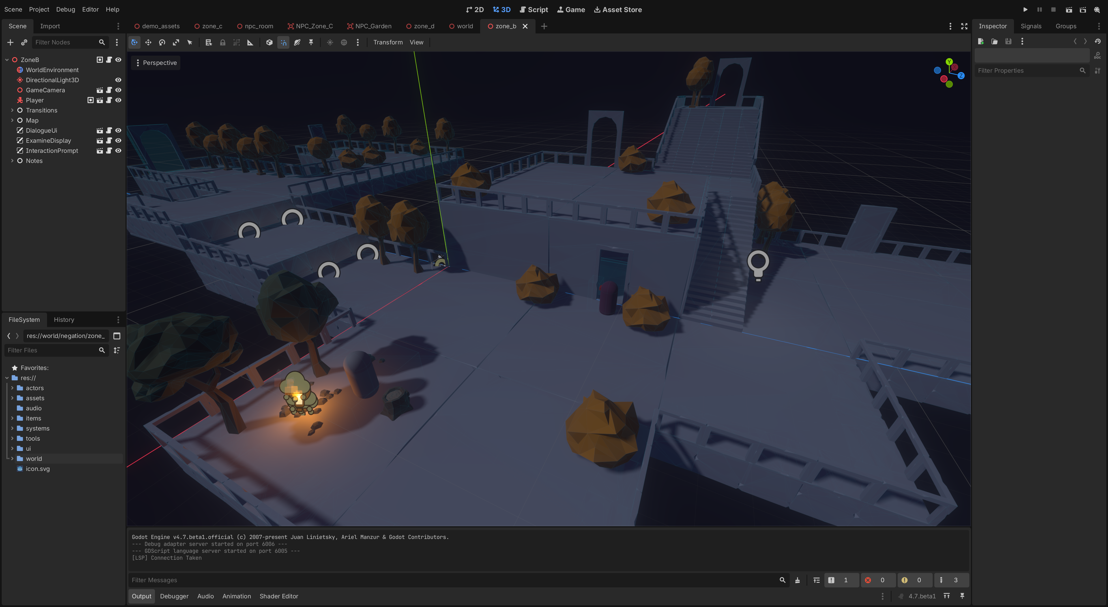 Godot Engine editor with the blockout of the game's first area